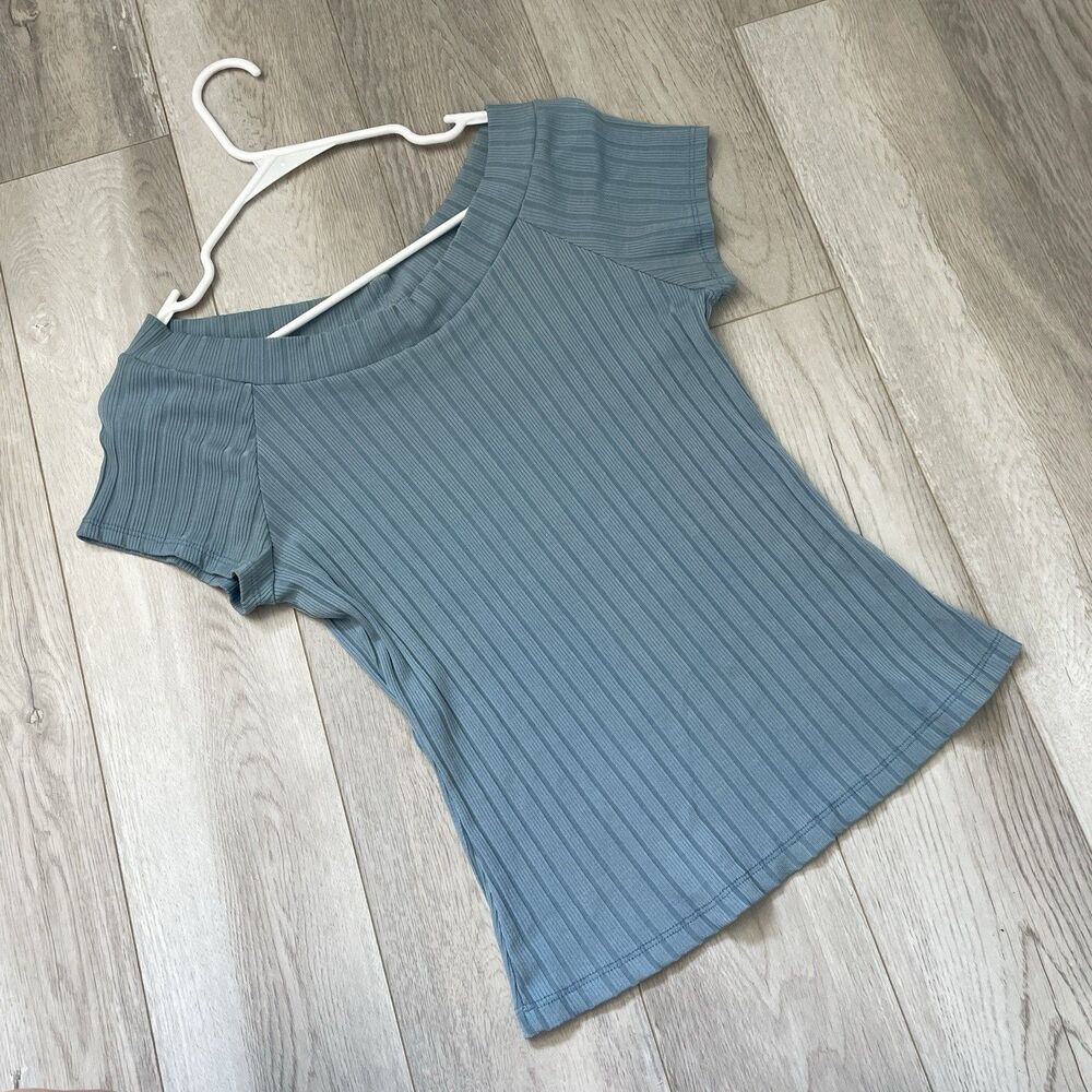Vintage Y2K Top off shoulder ribbed womnes Blue (medium) casual retro kidcore